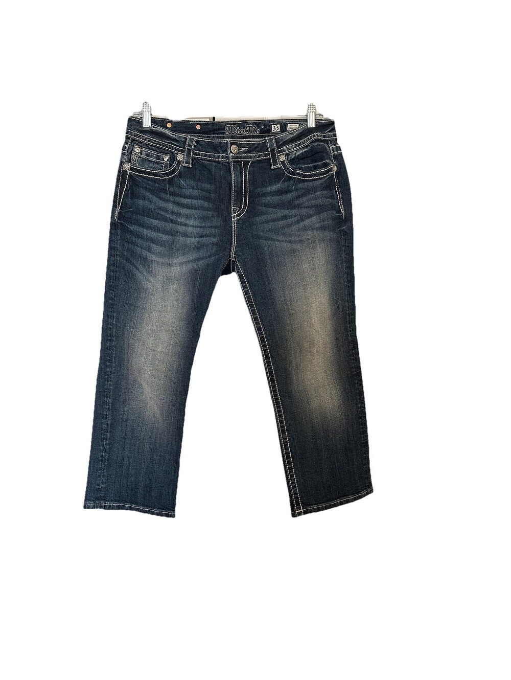 Miss Me Jeans Women's 31 Faux Flap Pockets Mid-Rise Bootcut in a dark wash